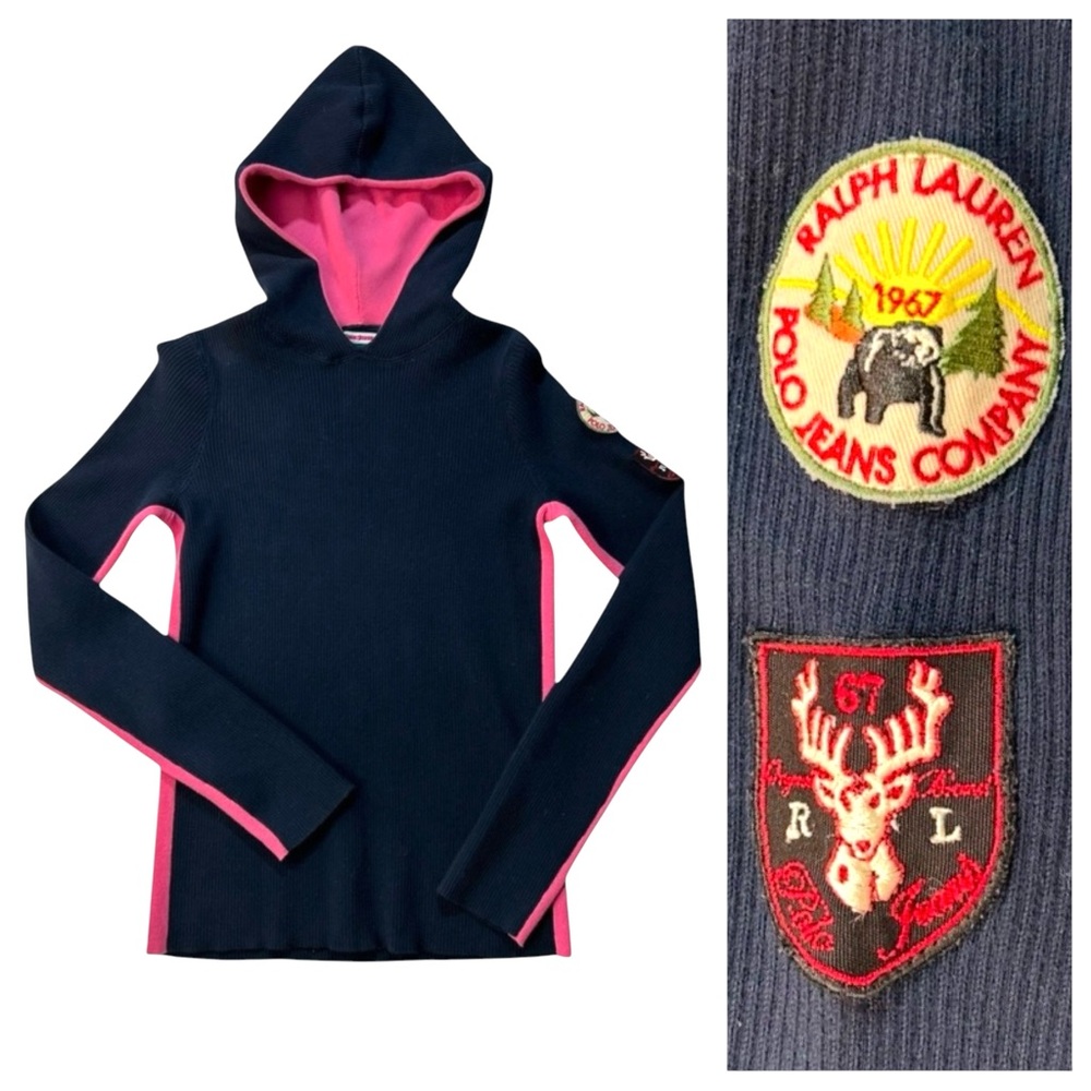 Vintage Polo Jeans Lauren Sweater Hoodie Ralph Lauren Navy Pink Medium Patches